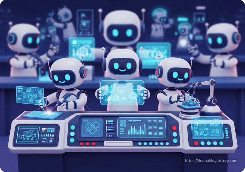 백그라운드에서 여러 작업을 동시 처리하는 AI 어시스턴트들 3D 이미지