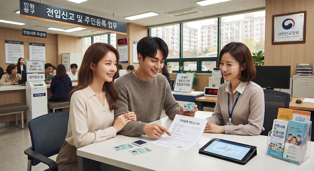 전입신고하러 주민센터에 방문한 신혼부부