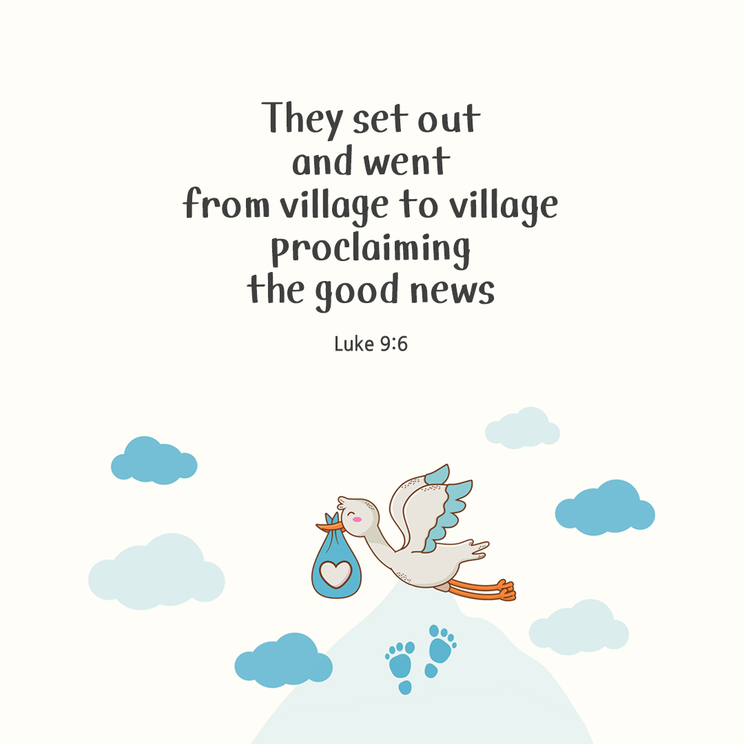 Then they set out and went from village to village proclaiming the good news and curing diseases everywhere. (Luke 9:6) by pieonane Daily Bible quote image