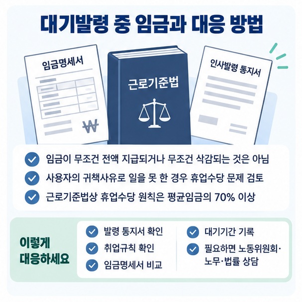 대기발령 중 임금과 휴업수당, 취업규칙, 발령사유를 확인하는 체크리스트 이미지