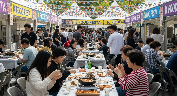 K 푸드페스타 현장, 다양한 한국 음식을 즐기는 가족과 친구들의 활기찬 모습