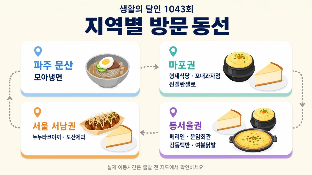 생활의 달인 1043회 맛집을 파주 마포 서남권 동서울권으로 나눈 방문 동선
