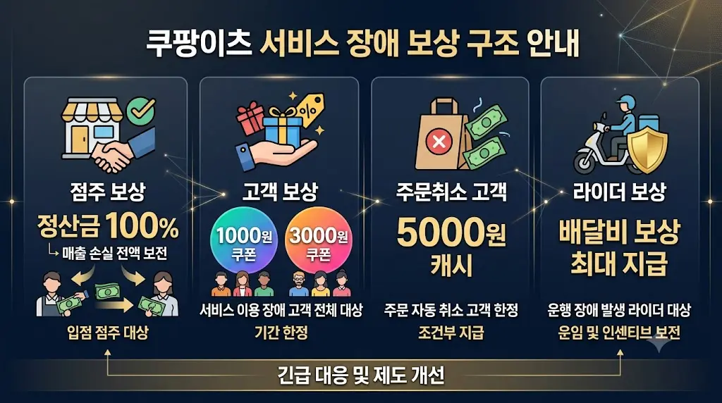 쿠팡이츠 먹통 보상 점주 100% 고객 3000원 쿠폰