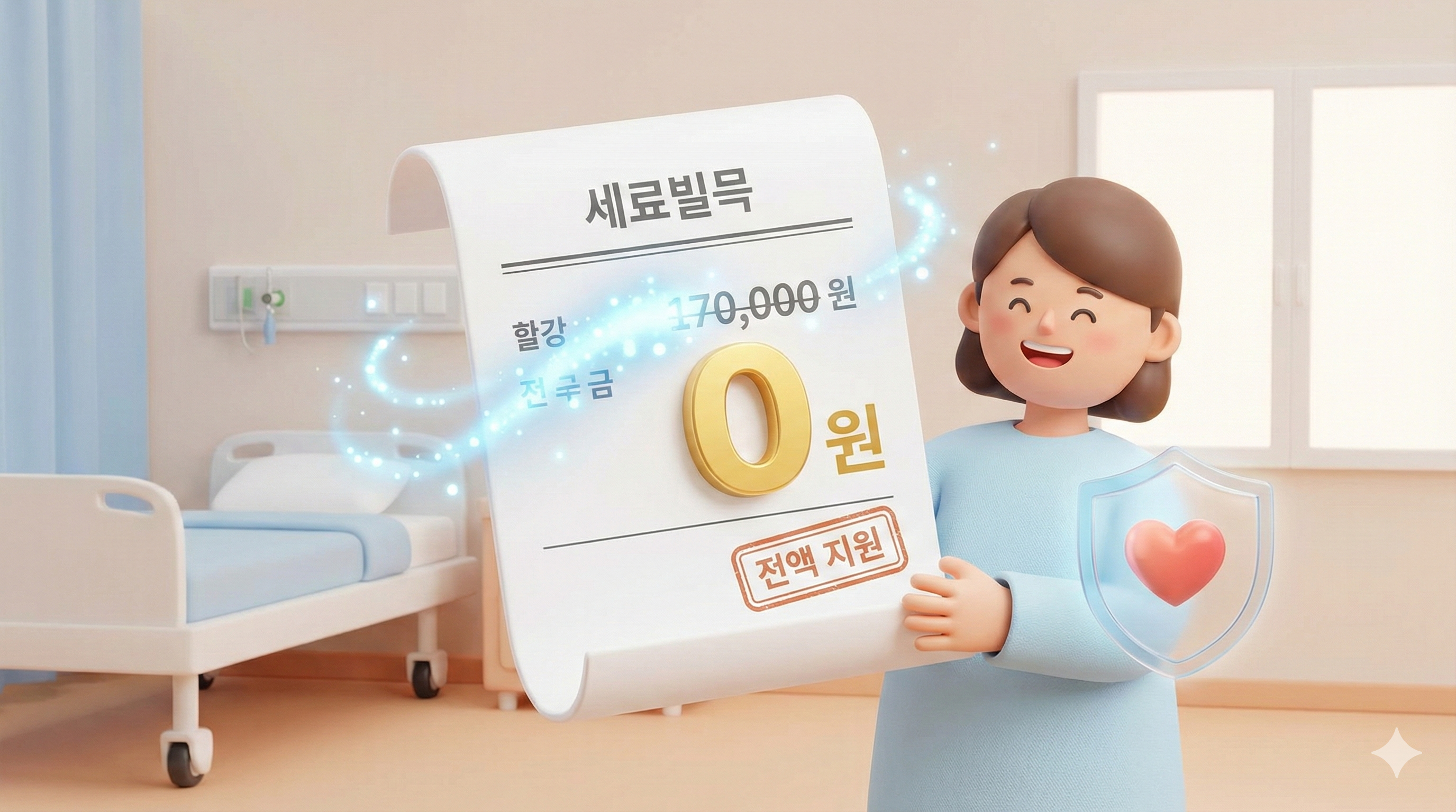 의료비 청구서에서 17만 원이라는 숫자가 지워지고 '0원'이 되는 3D 일러스트