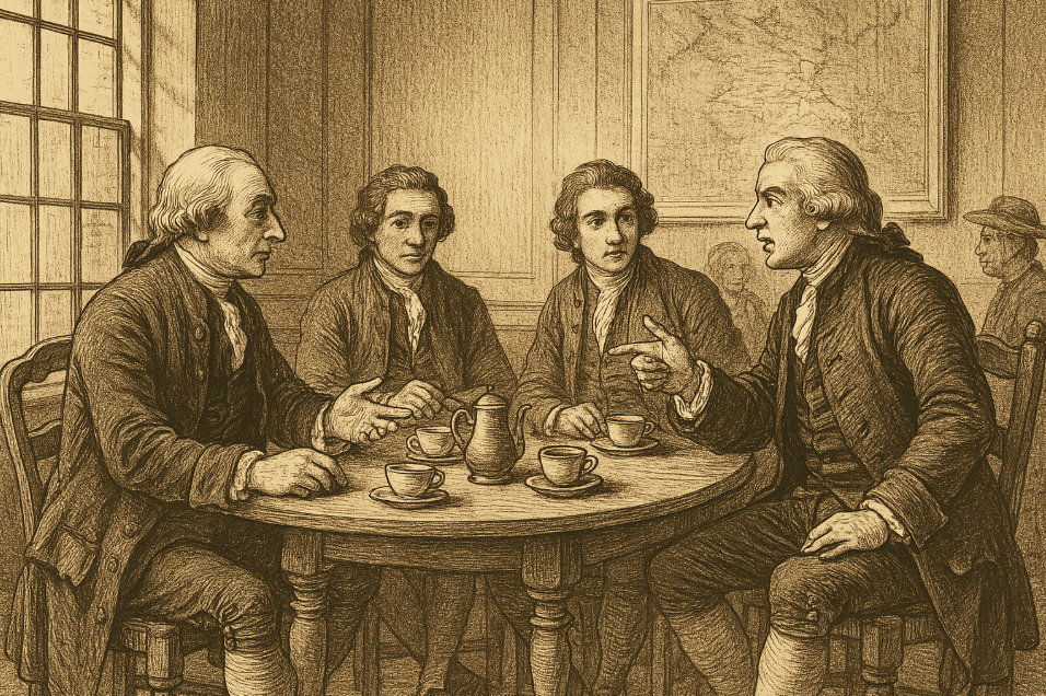 18세기 유럽 커피하우스에서 네 명의 신사가 토론하는 장면 – 계몽시대 지식과 민주주의의 발원지를 묘사한 빈티지 일러스트