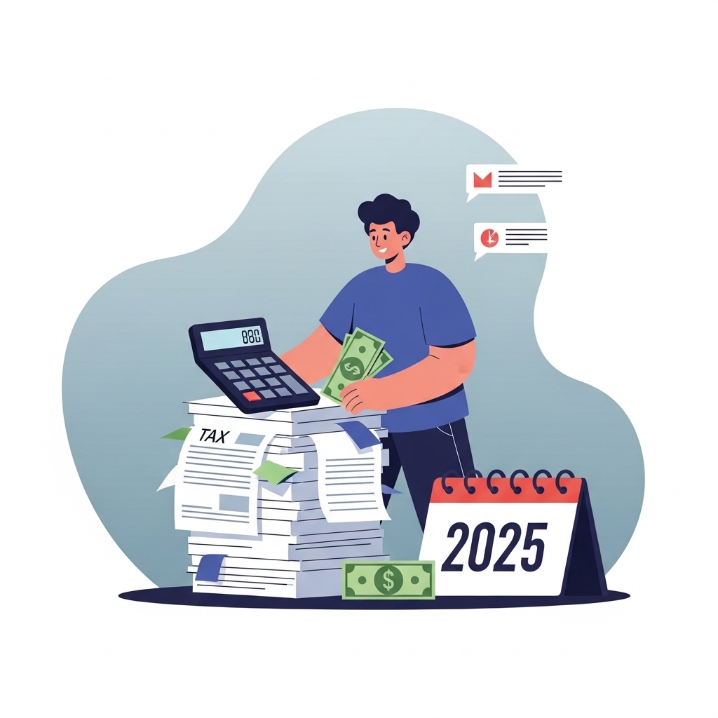 2025년 연말정산을 미리 준비하며 세금 서류를 정리하고 미소 짓는 사람의 모습. 계산기와 달력이 함께 있어 절세 계획을 세우는 긍정적인 분위기를 전달합니다.
