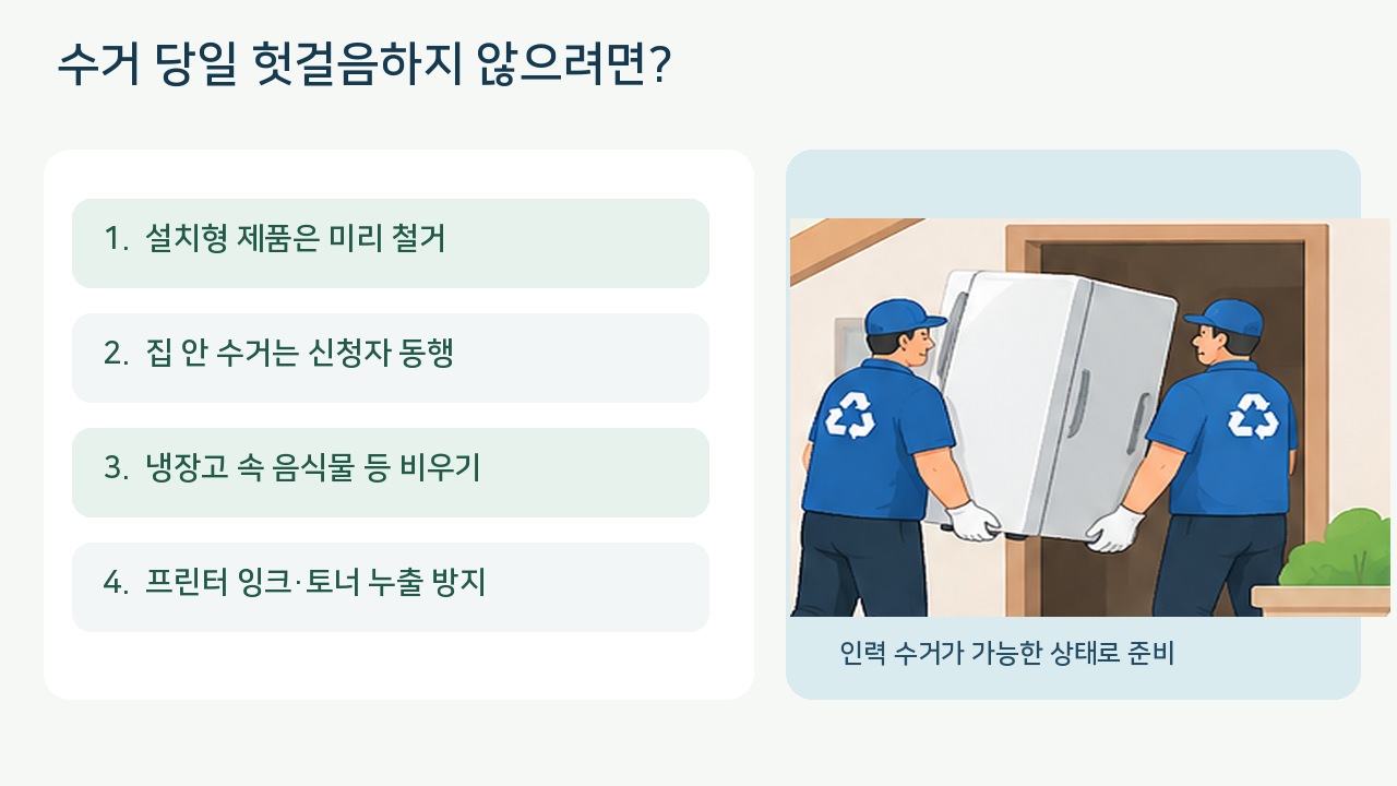 수거 담당자가 냉장고를 운반하는 그림과 함께 설치제품 철거와 내부 비우기 등 준비사항을 보여주는 안내 이미지