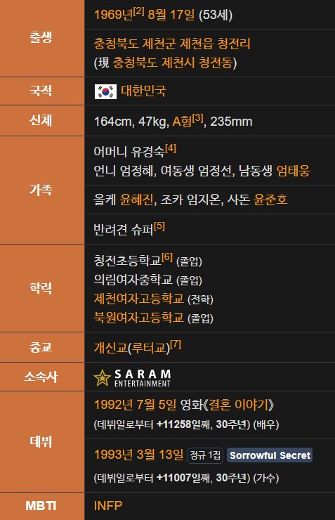 엄정화 나이 동생 결혼 프로필