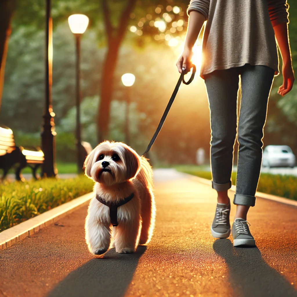 강아지와 리드줄을 잡고 산책중인 보호자