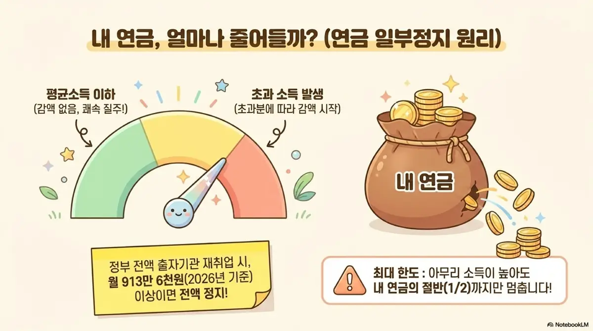 공무원연금 종합소득세: 재취업 시 연금이 얼마나 줄어드는지 연금일부정지 원리를 게이지 미터로 시각화한 이미지. 평균소득 이하이면 감액 없이 쾌속 질주이고 초과 소득이 발생하면 초과분에 따라 감액이 시작되며 정부 전액 출자기관 재취업 시 월 913만 6천원 이상이면 전액 정지된다는 점과 최대 한도는 연금의 절반까지라는 내용을 전달함