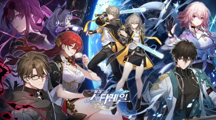 붕괴: 스타레일 주요 캐릭터들이 우주 배경 속에서 전투 포즈를 취하고 있는 공식 일러스트, SF 턴제 전략 RPG 대표작