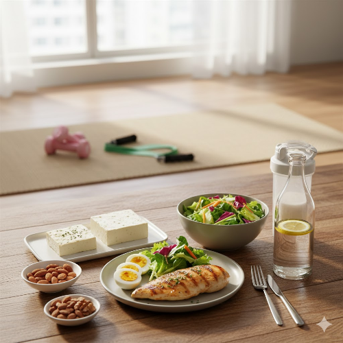 따뜻한 햇살이 비치는 거실 테이블 위에 놓인 닭가슴살 샐러드, 삶은 달걀, 두유 한 잔으로 구성된 식단과 그 옆에 나란히 놓인 보라색 요가 매트와 소형 덤벨(아령).