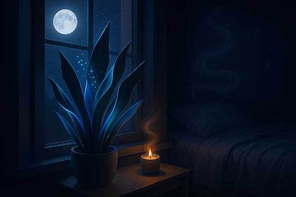 창가 달빛 아래 산세베리아와 촛불이 있는 침실