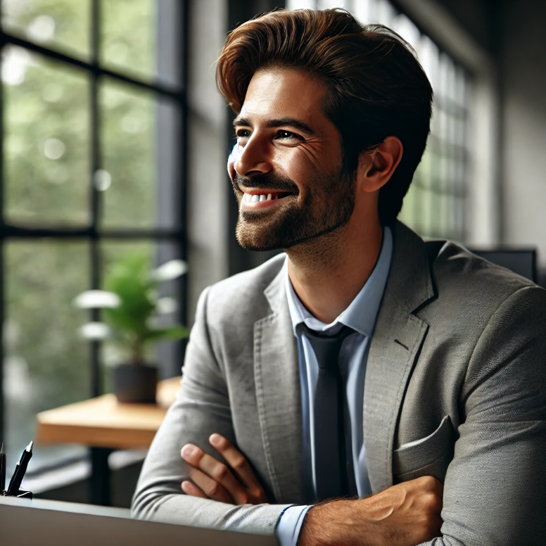창밖을 보며 미소 짓는 직장인의 여유 있는 표정