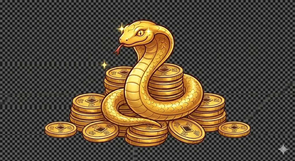 '황금 동전 위에 앉아있는 황금 뱀 일러스트