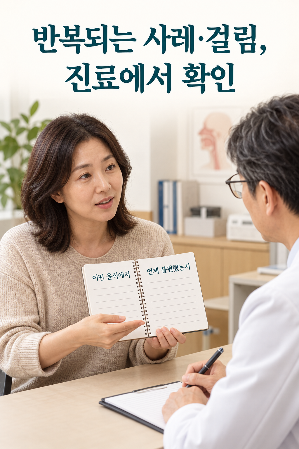 식사 중 불편했던 음식과 시점을 적은 기록을 의료진에게 보여주는 성인