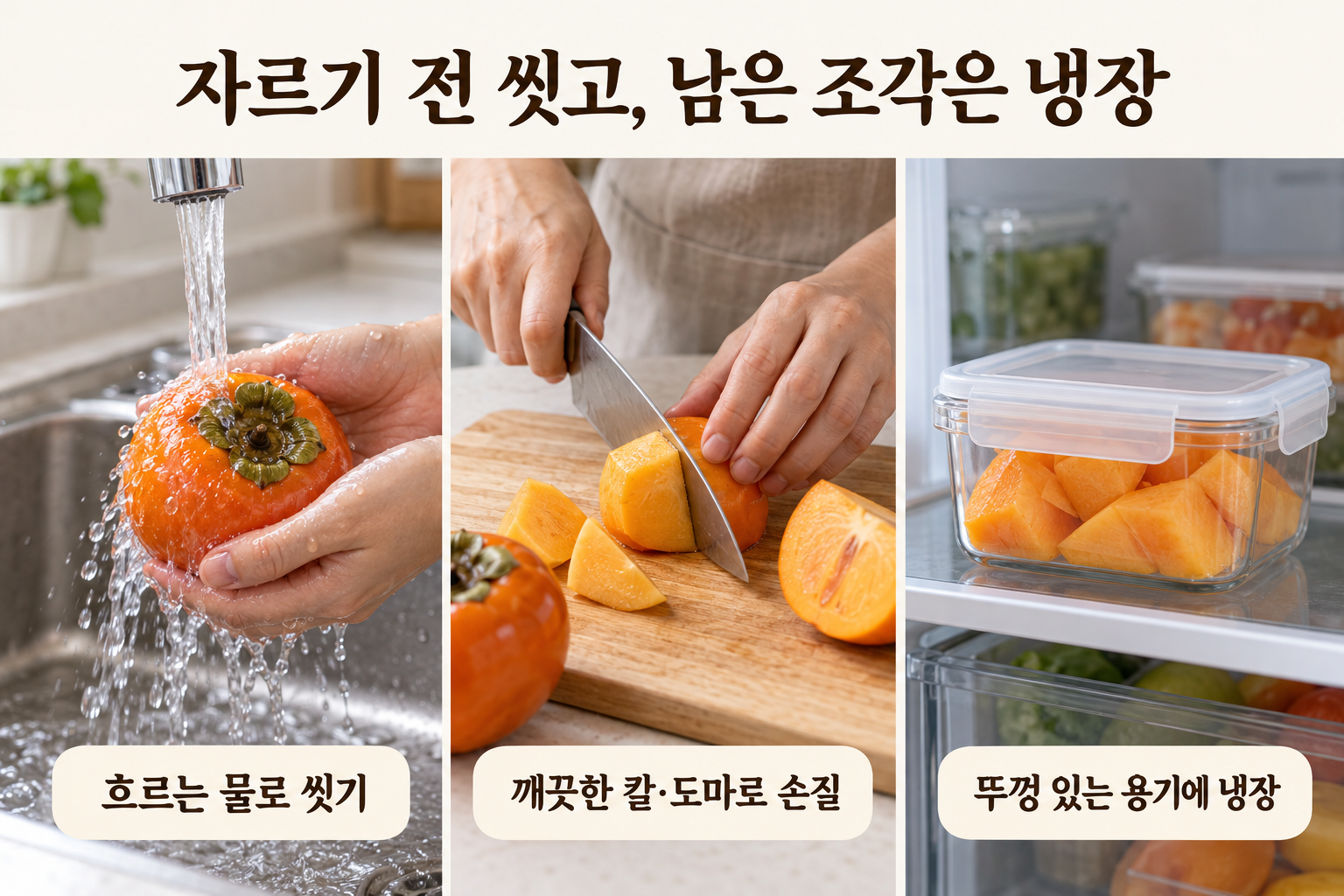 단감을 흐르는 물에 씻고 깨끗한 칼과 도마로 손질한 뒤 남은 조각을 용기에 담아 냉장하는 순서.
