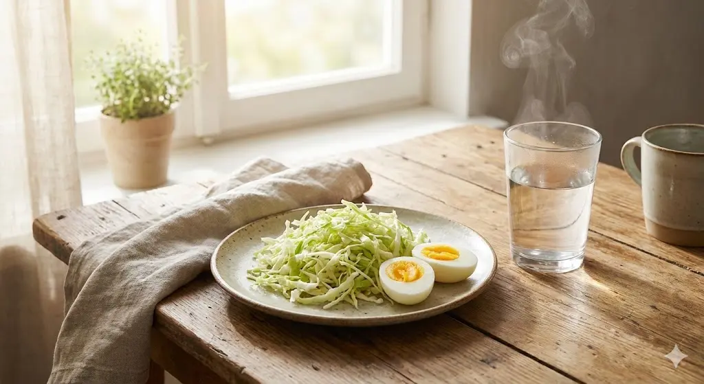 : 신선한 양배추, 삶은 달걀, 물 한 잔이 예쁘게 차려진 건강한 아침 식탁
