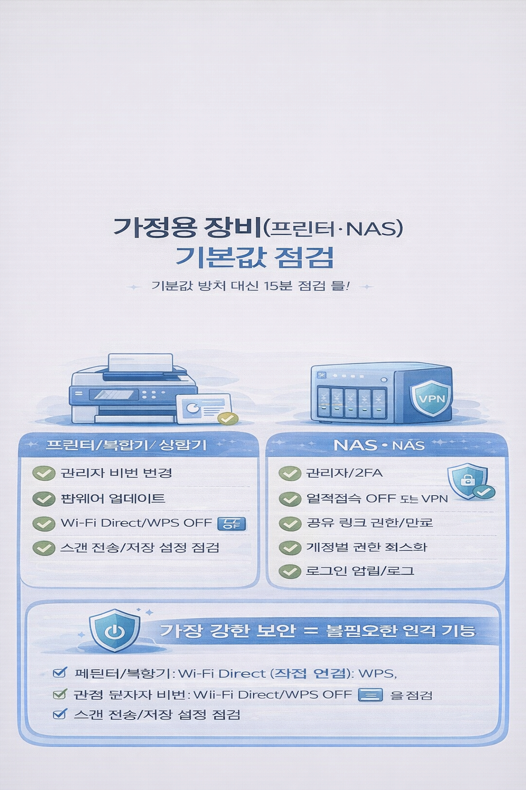 프린터·NAS 같은 가정용 장비 보안 기본값 점검