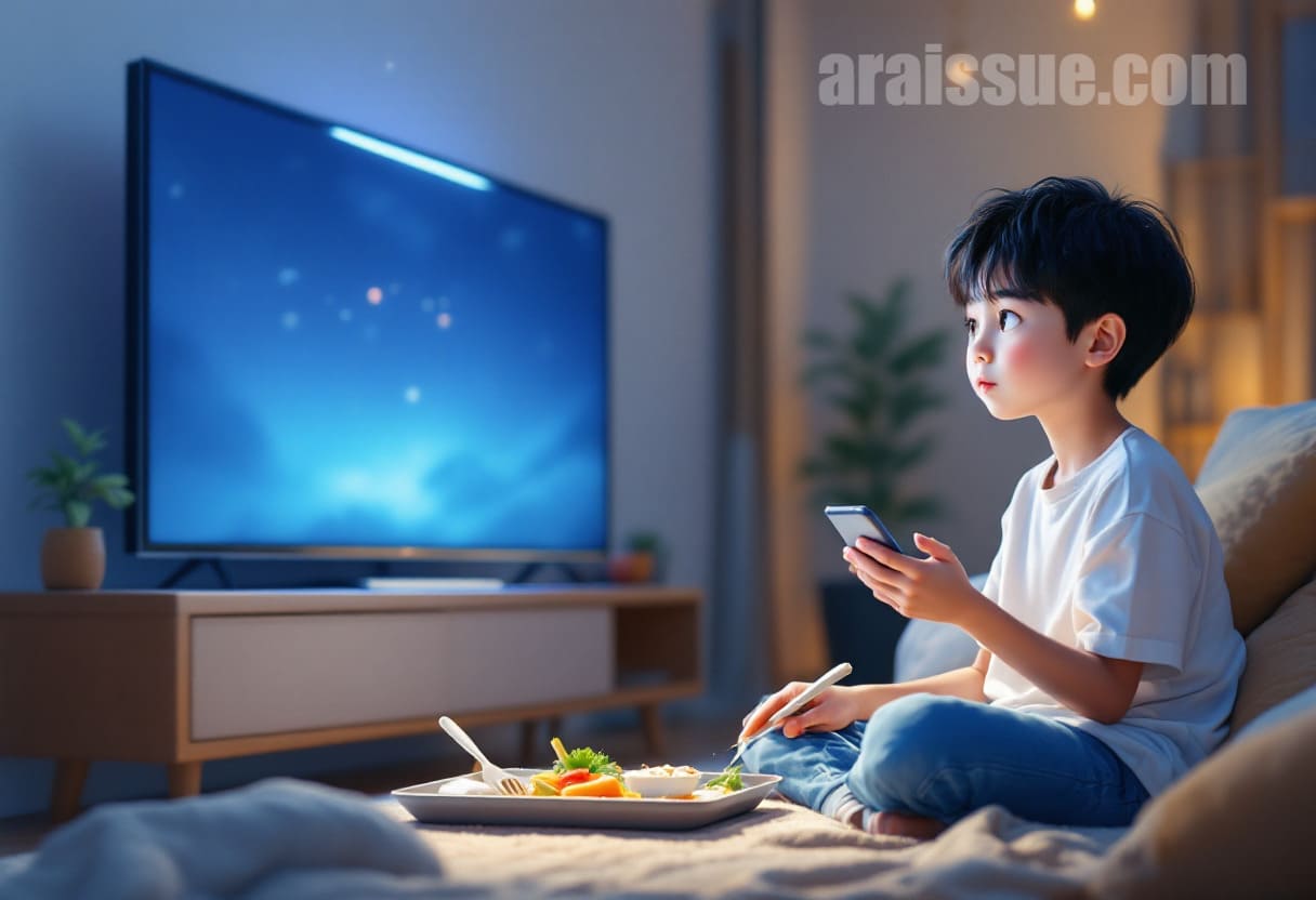 5~6세 한국 남자아이가 거실 바닥에 앉아 스마트폰이나 TV 화면을 보며 식사를 하고 있다. 한 손에 음식을 들고 멍한 표정으로 화면을 응시하고 있으며, 앞에는 절반쯤 먹은 식판이 놓여 있다.