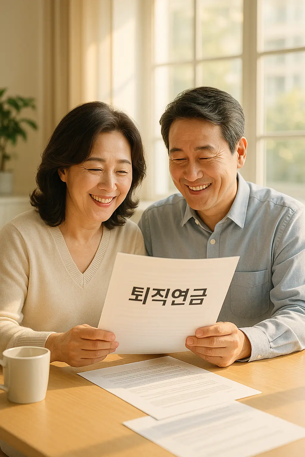 퇴직연금 수령방법 준비하는 행복한 중년 부부