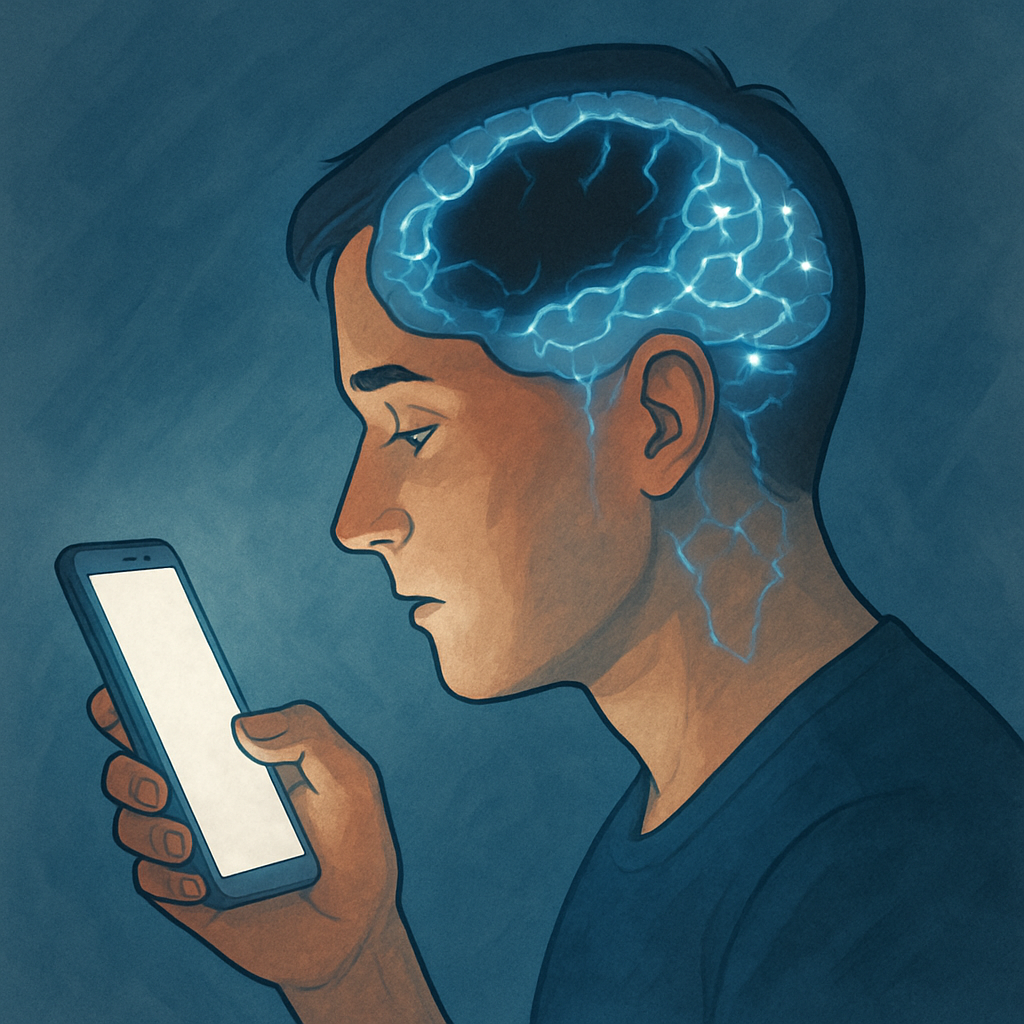 디지털 치매 원인으로, 스마트폰 과의존이 뇌의 전두엽 기능 저하에 미치는 영향을 묘사한 일러스트.