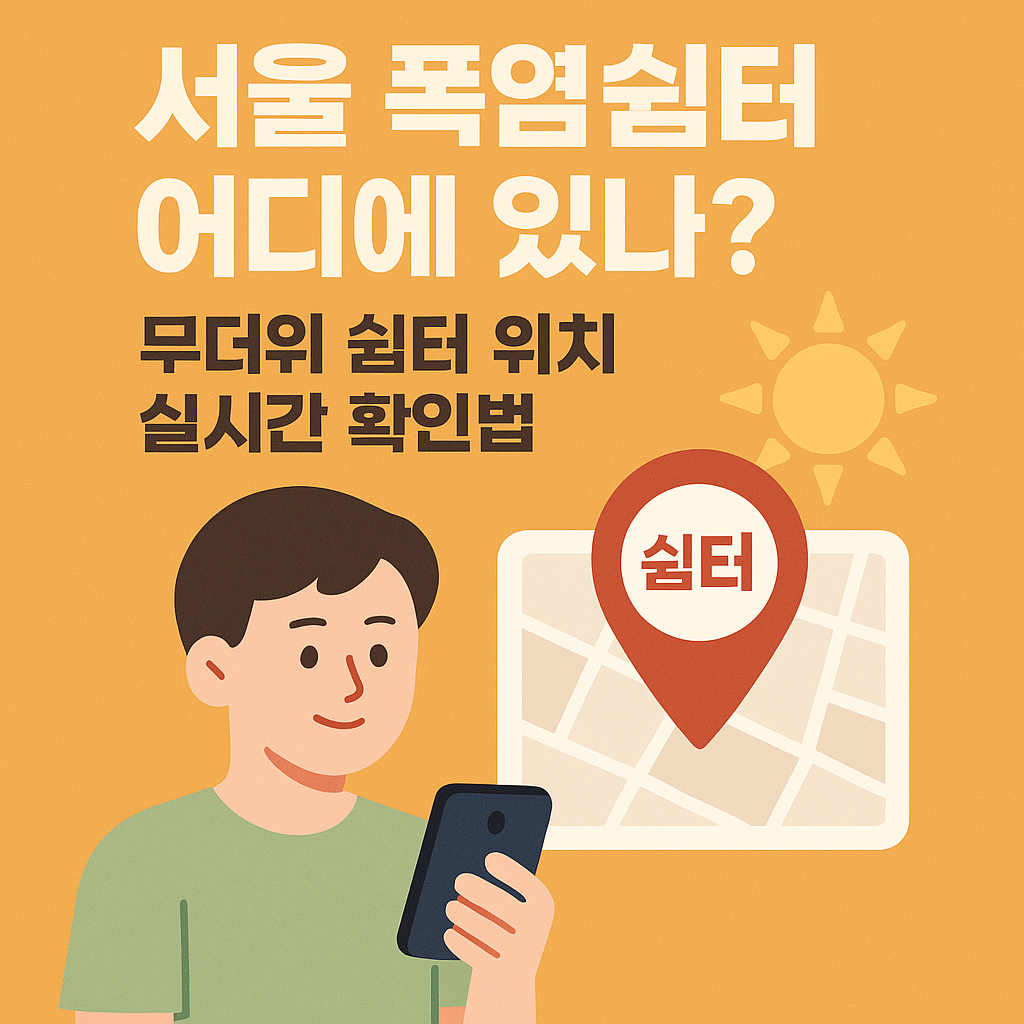 서울 폭염쉼터 위치를 스마트폰으로 확인하는 남성 일러스트, 배경에 해와 지도, ‘서울 폭염쉼터 어디에 있나? 무더위 쉼터 위치 실시간 확인법’이라는 텍스트 포함