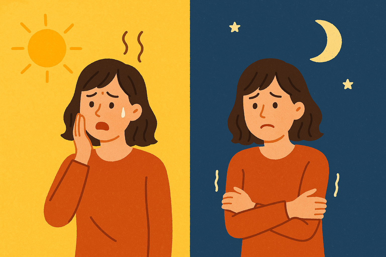 낮에는 더워하고, 밤에는 추워하는 여자 일러스트