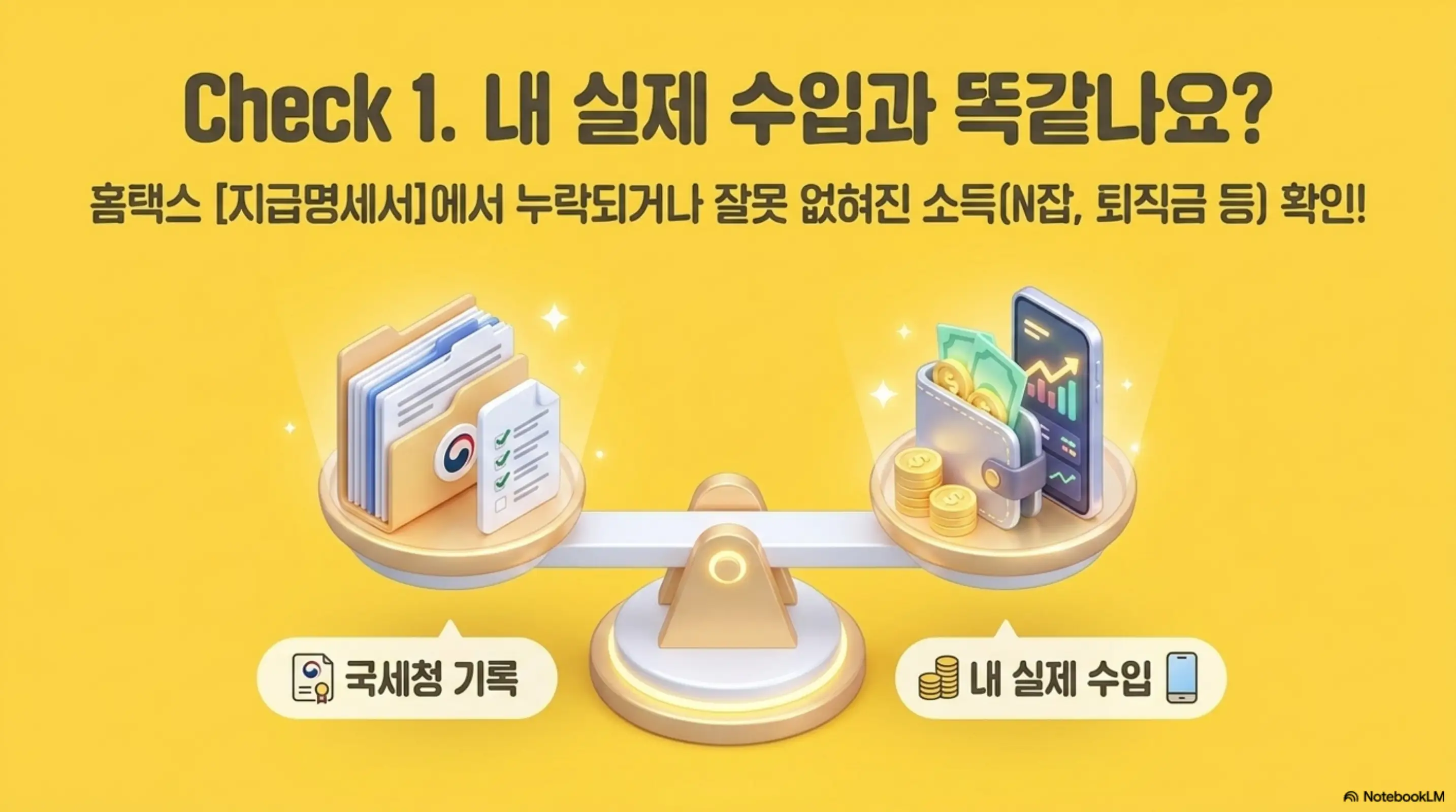 종합소득세 수입금액 대조: 저울 위에 국세청 기록(서류 폴더)과 내 실제 수입(지갑&middot;스마트폰)이 올려져 있는 일러스트이다. 상단에 &amp;#39;Check 1. 내 실제 수입과 똑같나요?&amp;#39;라는 문구와 &amp;#39;홈택스 [지급명세서]에서 누락되거나 잘못 없어진 소득(N잡&amp;#44; 퇴직금 등) 확인!&amp;#39;이라는 안내가 적혀 있다. 이 이미지는 모두채움 신고서의 총수입금액을 홈택스 지급명세서와 대조하는 방법을 시각적으로 전달하며&amp;#44; 블로그의 수입금액 확인 체크포인트와 관련된 내용을 설명함 