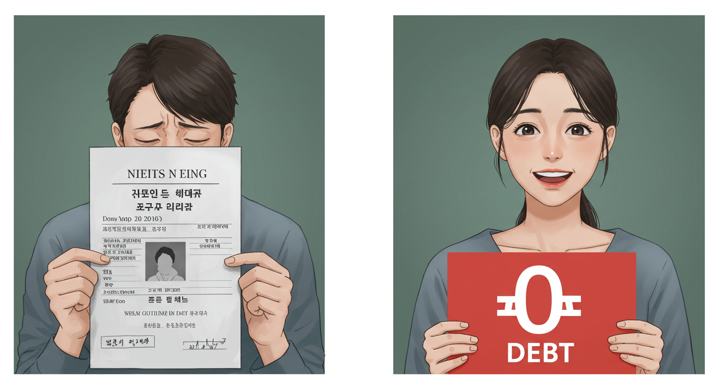 채무 조정 전후를 비교하는 장면