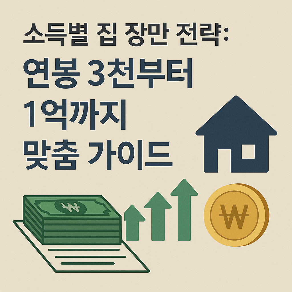 소득별 집 장만 전략을 설명하는 한국어 텍스트와 집, 돈, 상승 화살표 아이콘이 포함된 썸네일 이미지