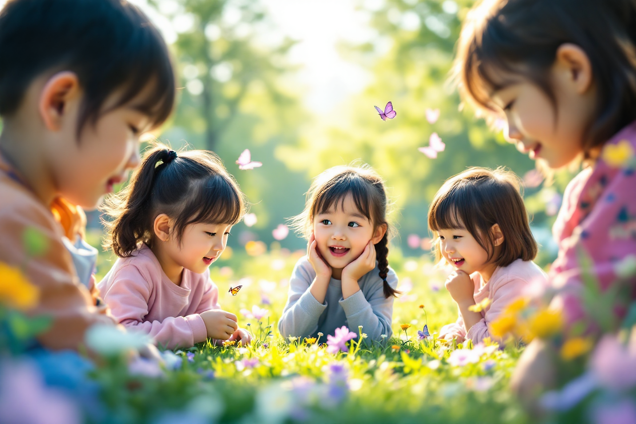 꽃밭에서 나비를 바라보는 어린이들