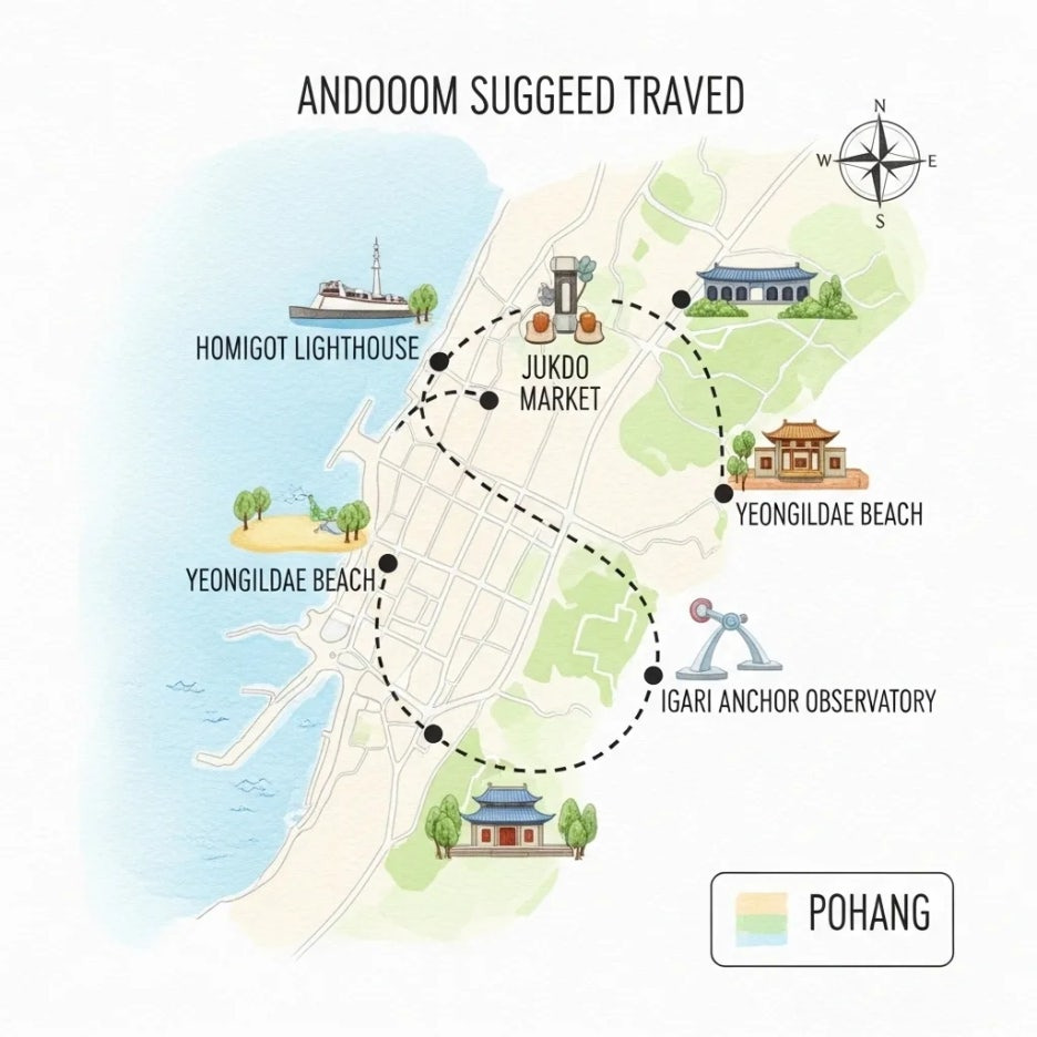 포항의 주요 관광지를 표시한 여행 지도 일러스트.
