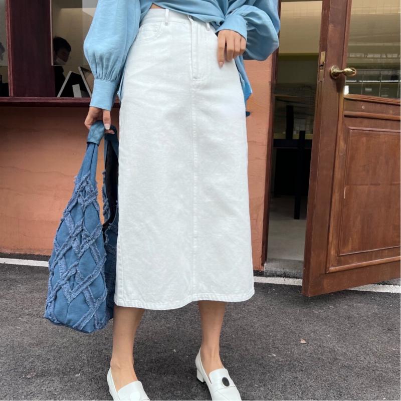화이트데님스커트 화이트롱스커트 흰치마