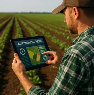 태블릿으로 자율 농장 운영 시스템을 제어하는 농부