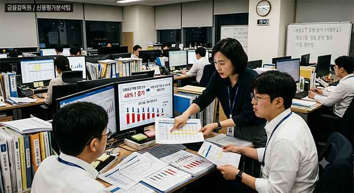 분석가가 화면의 신용등급 하향 및 조정 그래프를 확인하며 논의하는 모습.