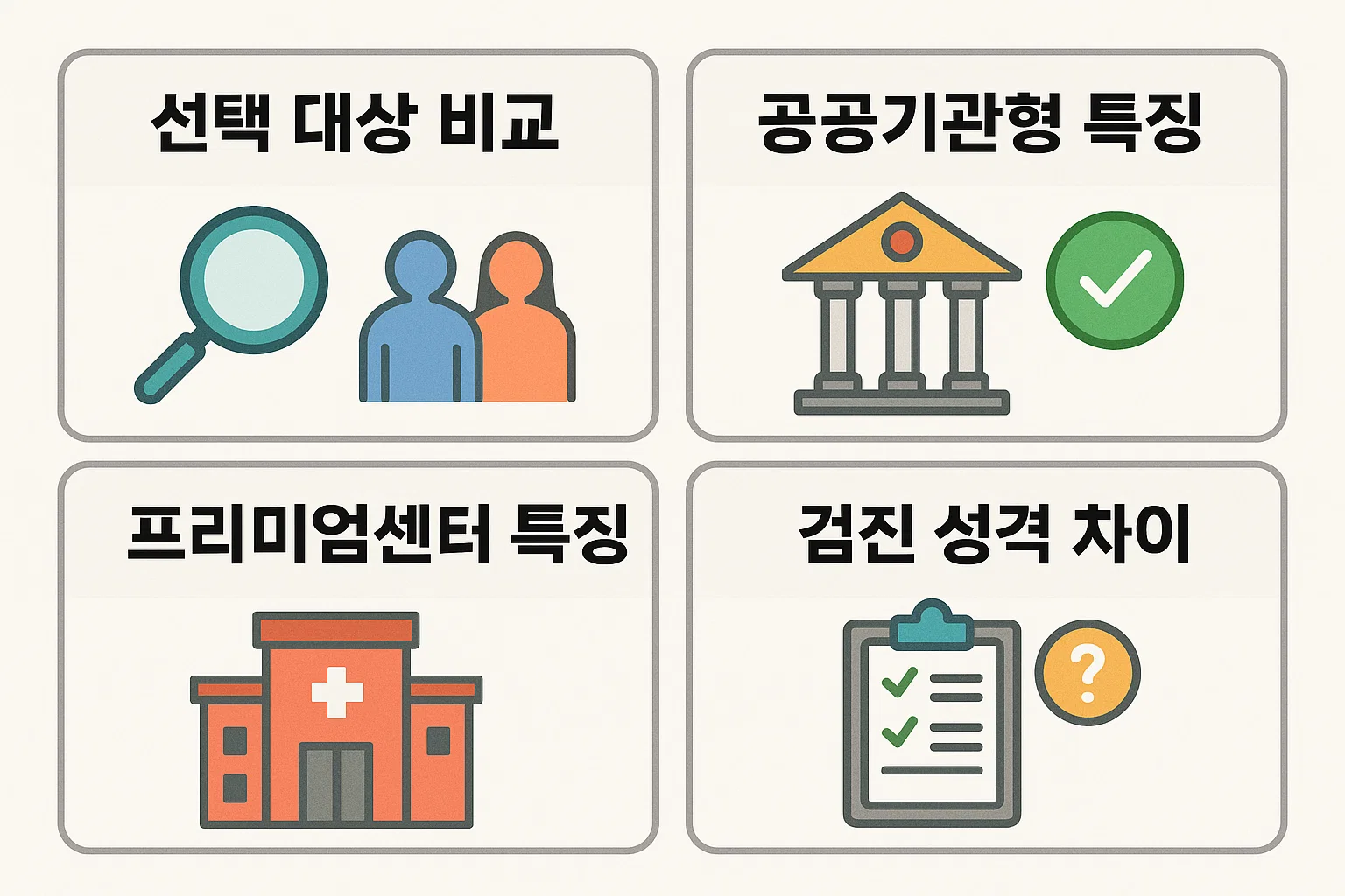 공공기관형과 프리미엄센터형의 차이, 검진 성격 및 대상별 선택 기준을 시각적으로 정리한 인포그래픽