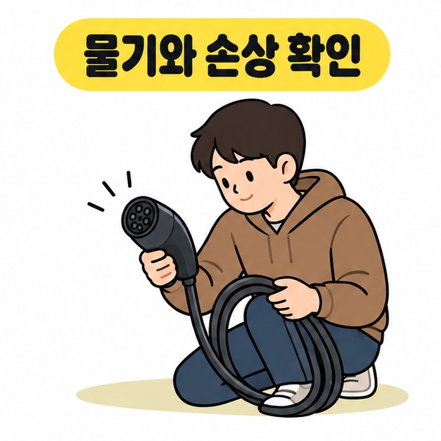 물기와 손상 확인이라는 제목 아래 사람이 연결되지 않은 커넥터와 케이블을 살펴보는 그림