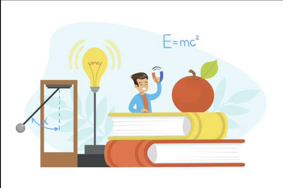 "물리학을 주제로 한 삽화. 커다란 책 위에 사과와 자석을 든 남성 캐릭터가 있고, 뒤에는 에너지 보존을 상징하는 진자, 전구, 그리고 아인슈타인의 공식 E=mc²가 그려져 있다. 과학과 물리학의 핵심 개념들을 상징적으로 표현한 교육용 일러스트."