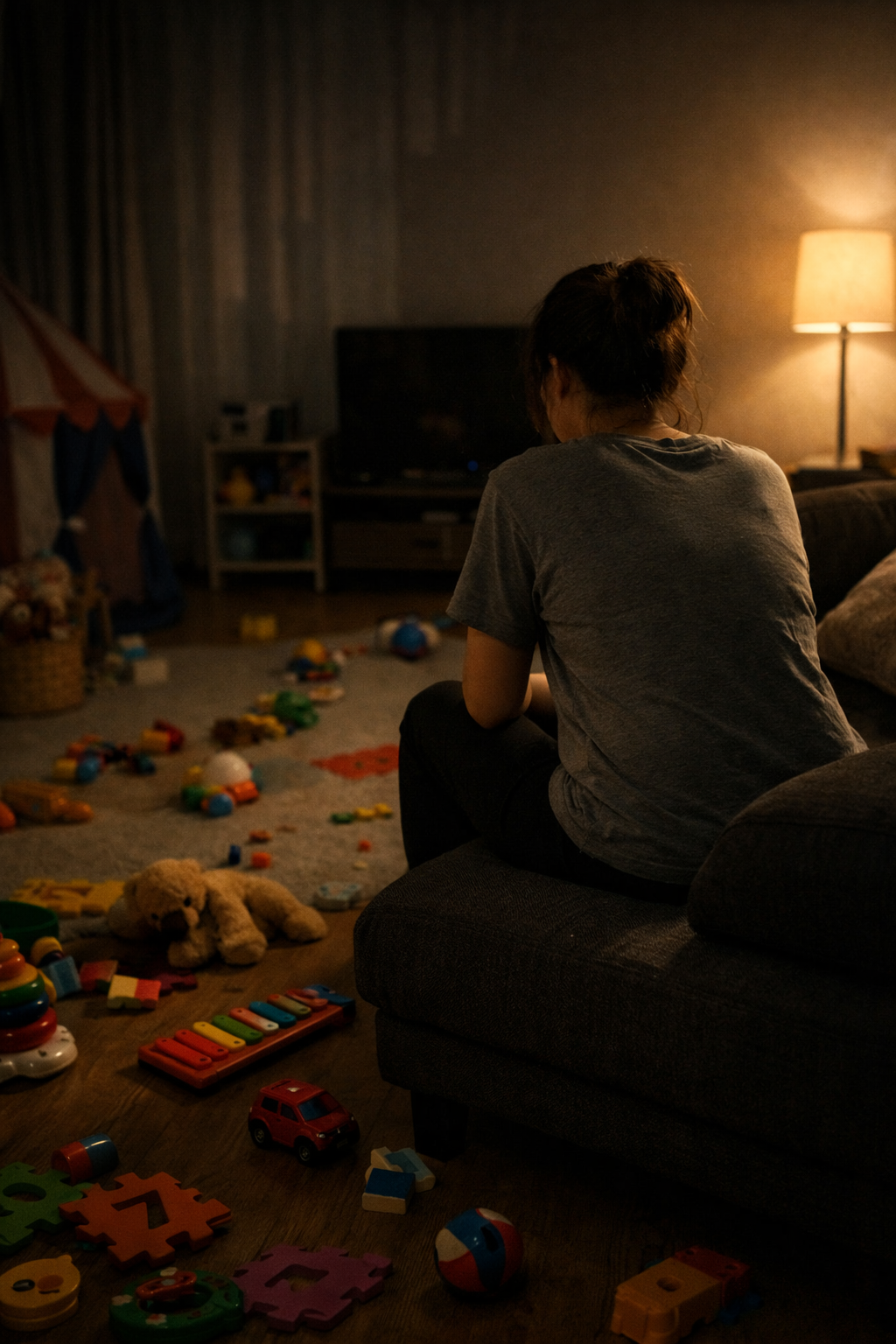 육아로 지친 하루를 보내고 잠깐 쉬고 있는 엄마의 밤 장면