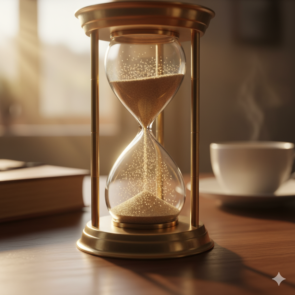 햇살 아래 원목 테이블 위에서 천천히 모래가 떨어지는 클래식한 모래시계