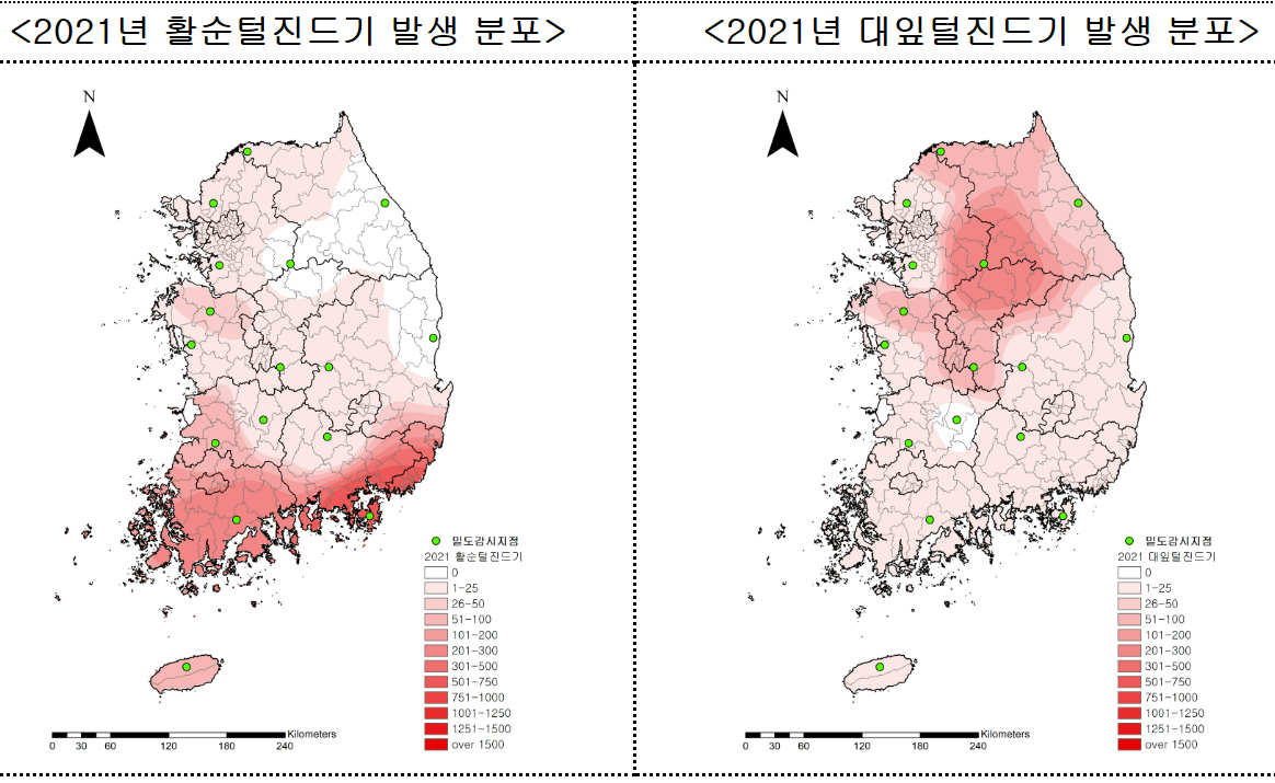 2021년 활순털진드기 발생 분포 & 2021년 대잎털진드기 발생 분포