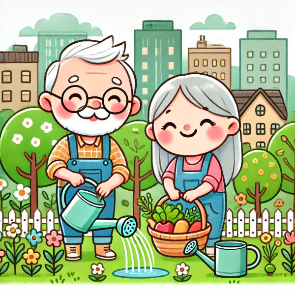 정원에서 일하는 노부부 만화그림