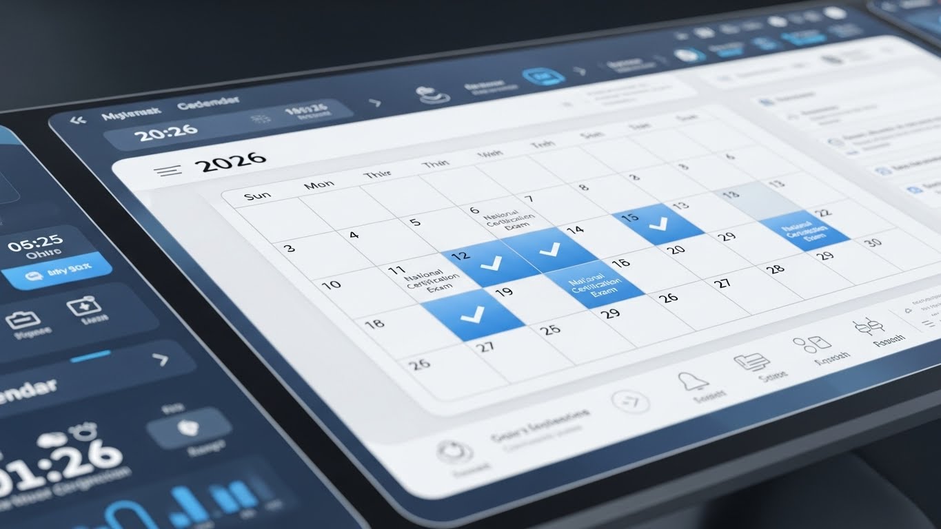 2026년 큐넷 국가기술자격 시험 일정 및 원서접수 가이드를 설명하는 디지털 대시보드 이미지
