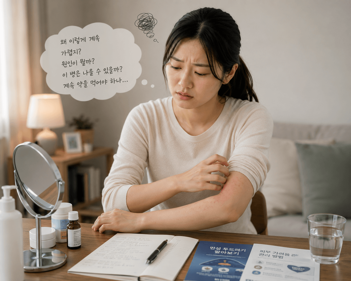 피부를 긁으며 고민하는 모습