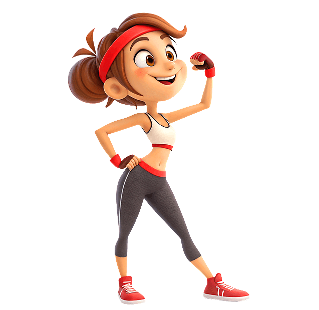 몸에 딱 붙는 타이즈를 입은 젊은 여성이 왼팔을 들고 오른팔을 허리에 찬채 서 있다. 빨간 머리밴드를 이마에 찬 운동하는 여성이다.