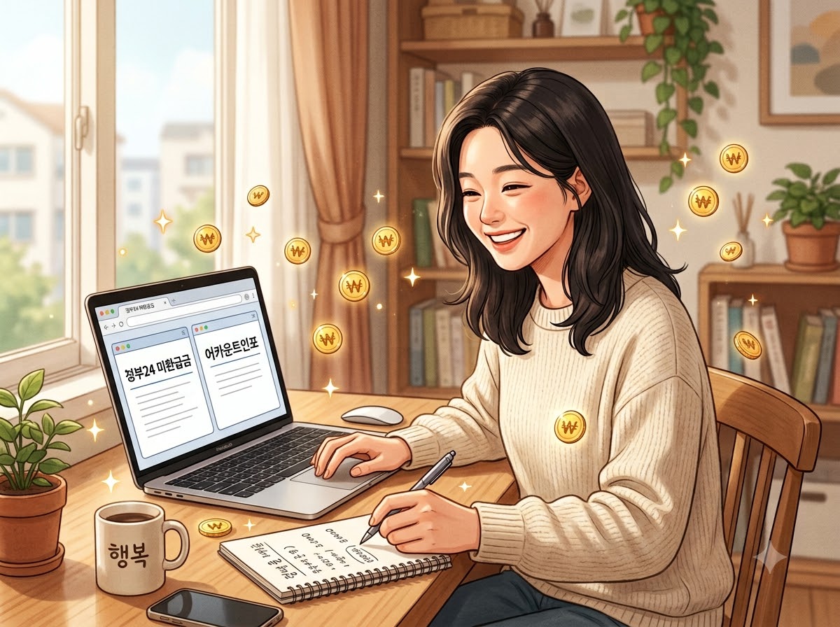alt=" 정부24 미환급금과 어카운트인포를 함께 조회하는 여성"