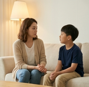 아이 옆에 앉아 눈을 맞추고 이야기하는 모습
