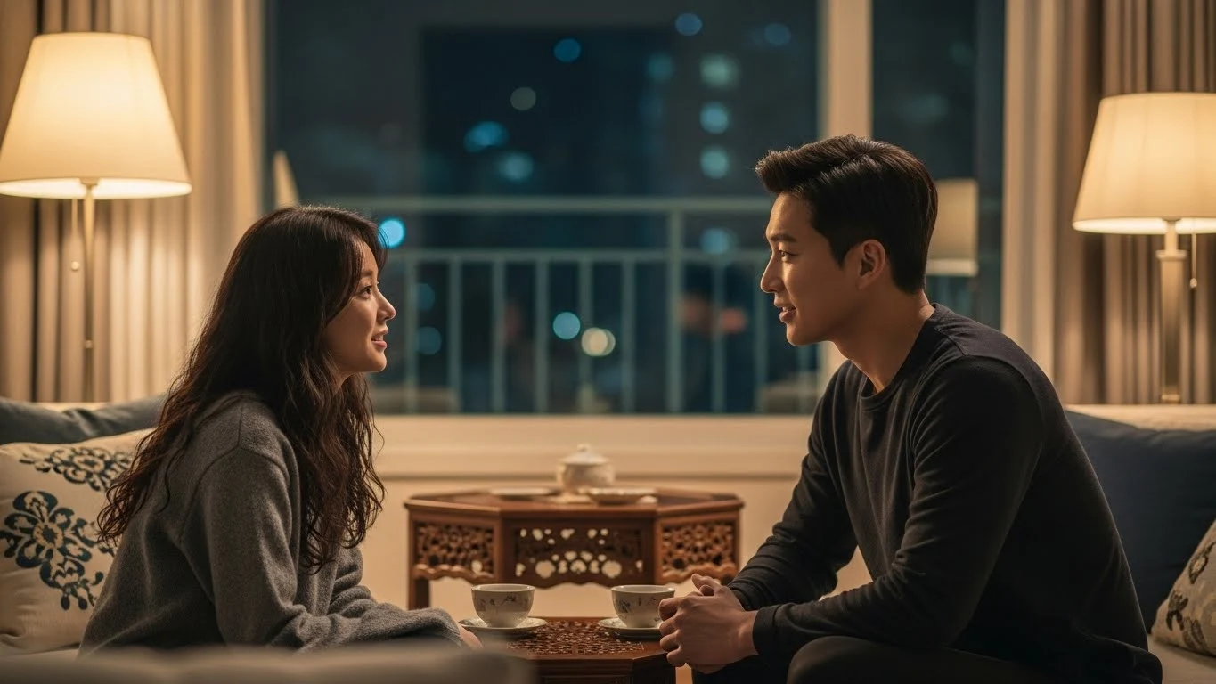 아늑한 거실에서 부드러운 미소로 대화를 나누는 커플 이미지