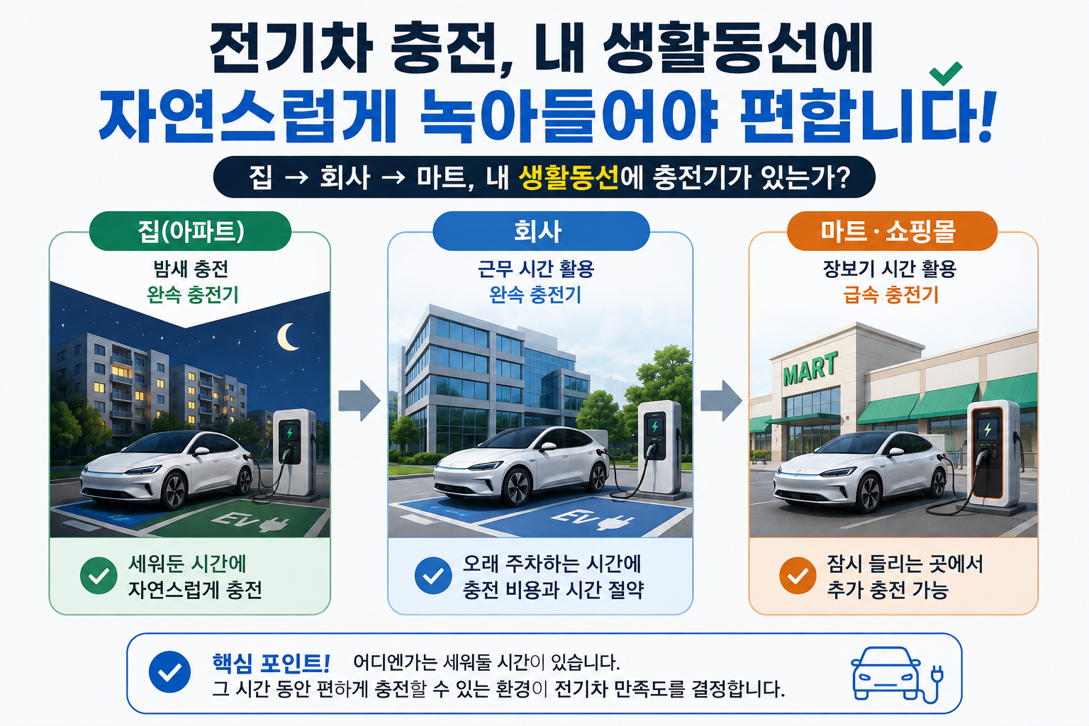 ‘집 → 회사 → 마트’ 세 장소 아이콘을 연결하고 가운데 ‘내 생활동선에 충전기가 있는가?’라는 질문만 크게 보여주는 이미지